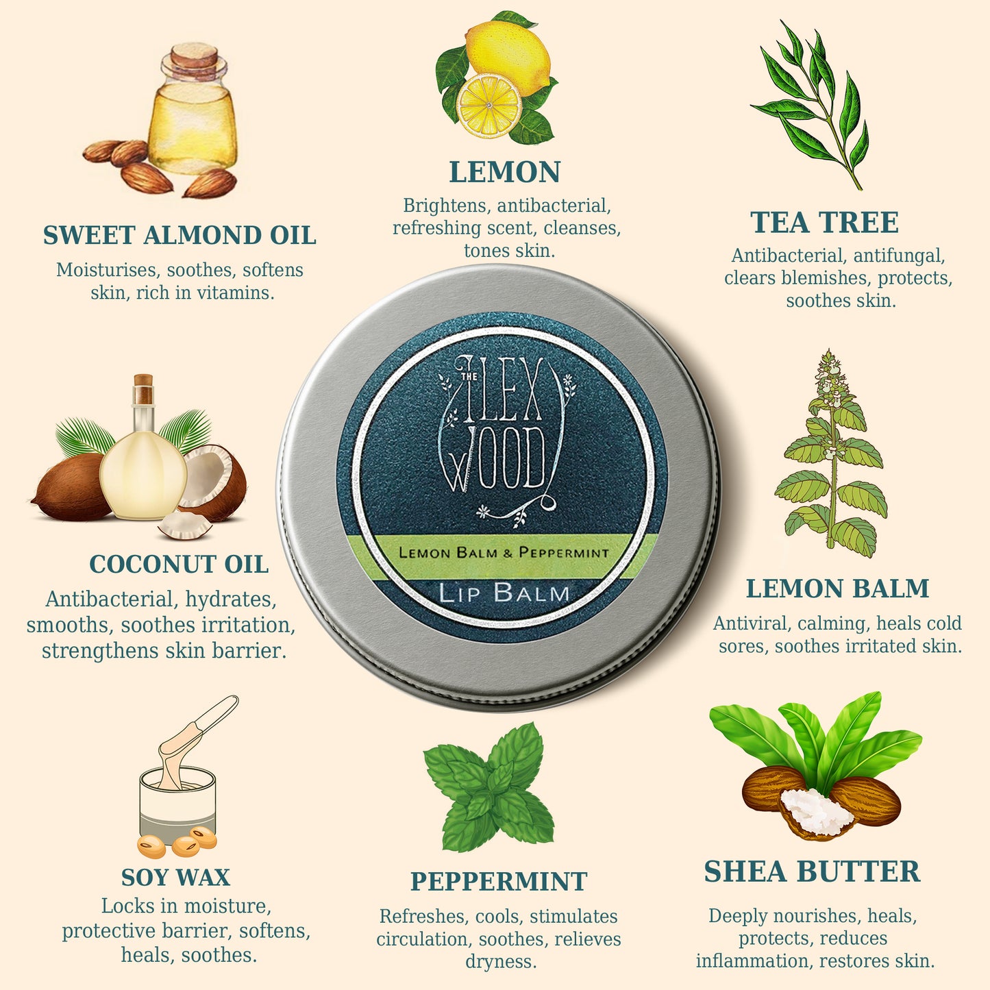 Lip balm tin with ingredients and benefits on a beige background