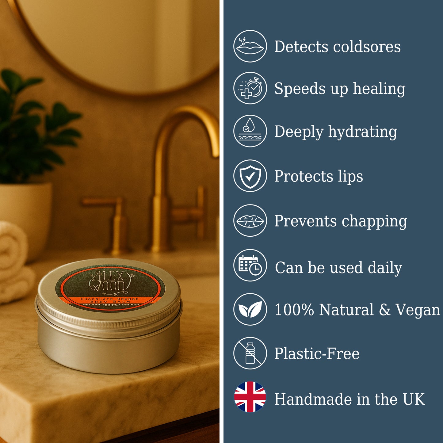 Tin of chocolate orange body balm on a bathroom counter with product features listed on the right.
