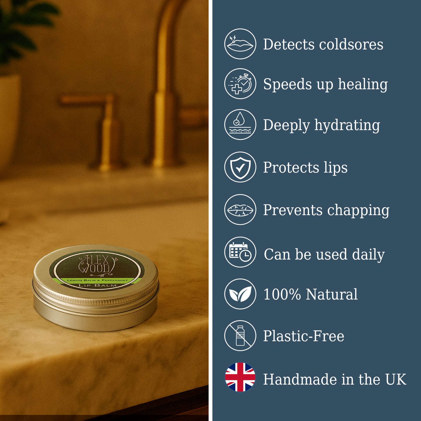 Tin of lip balm on a bathroom counter with product features listed on the right.