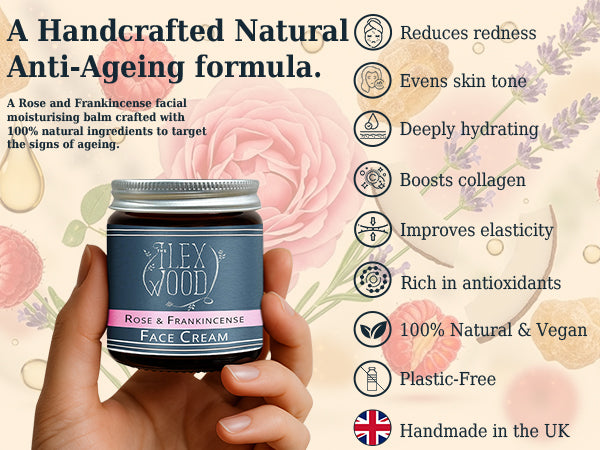 Rose & Frankincense face cream jar held by a hand with floral and product benefits text overlay.