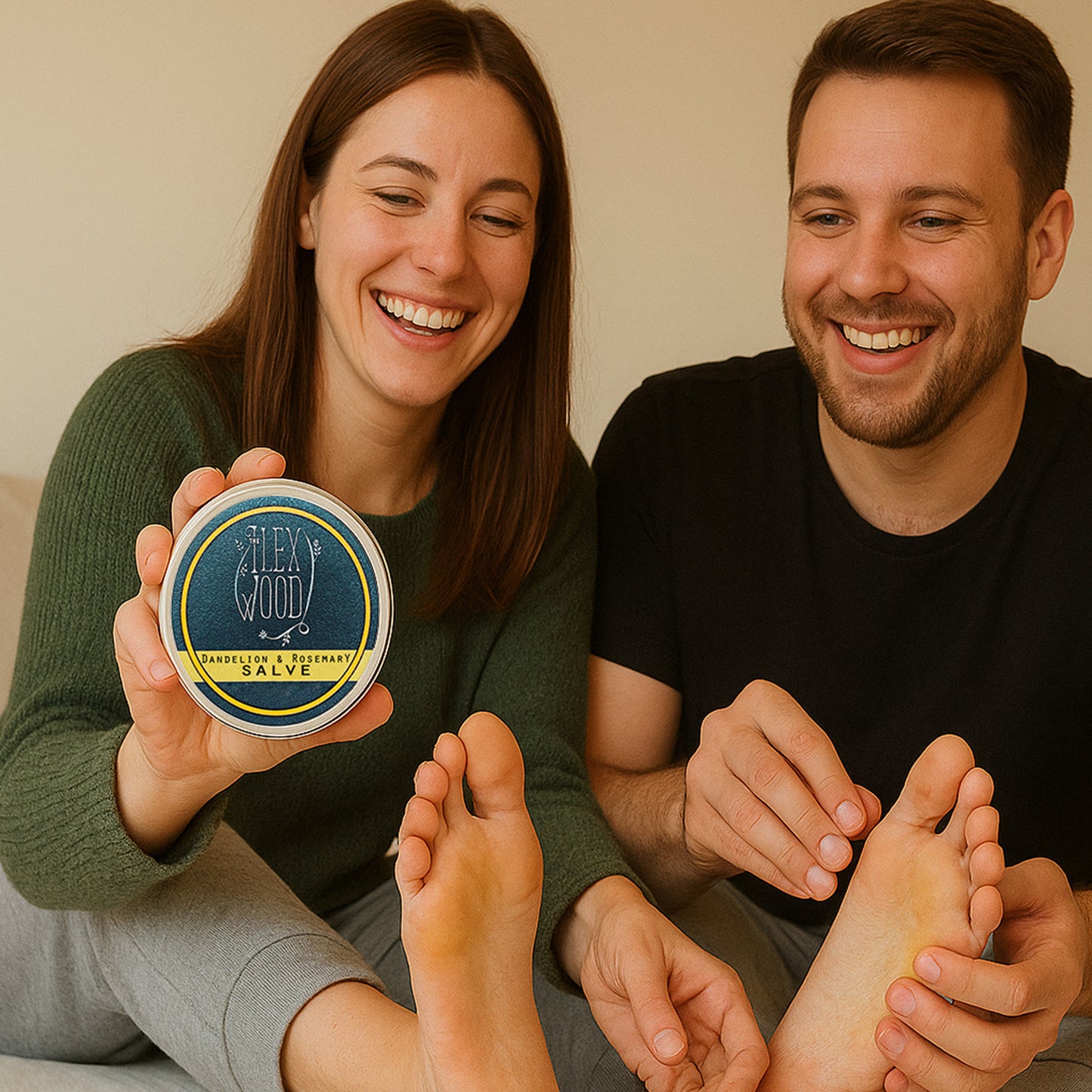 Dandelion and Rosemary Salve being applied to feet and hands