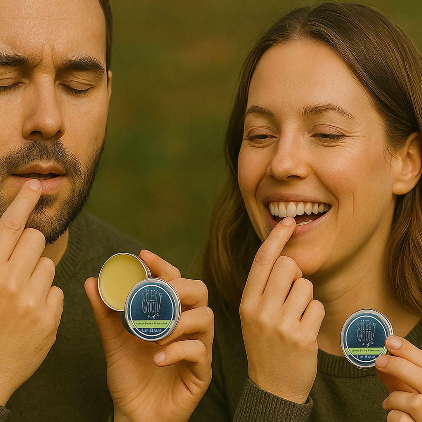 Two people holding lip balm containers with a blurred green background