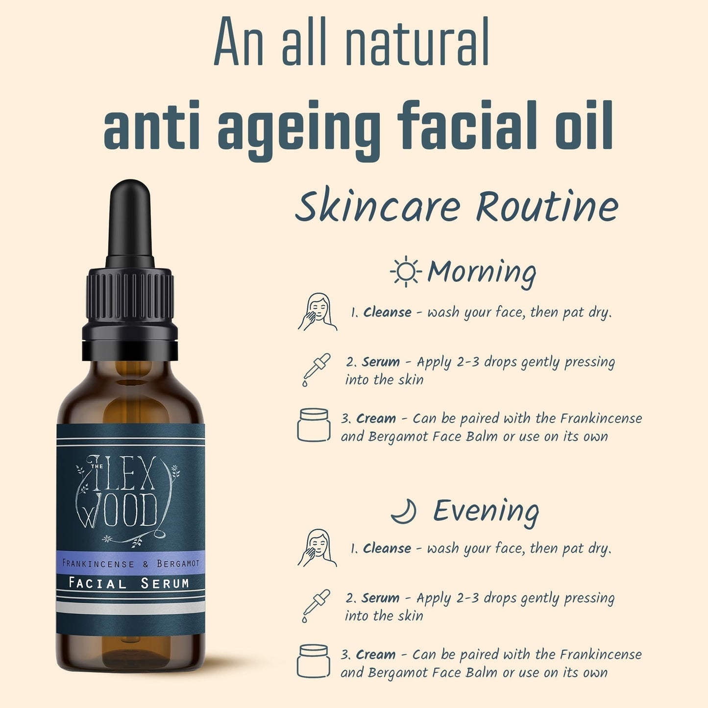 20ml Frankincense and Bergamot Facial Serum in dark glass dropper bottle with natural vegan ingredients