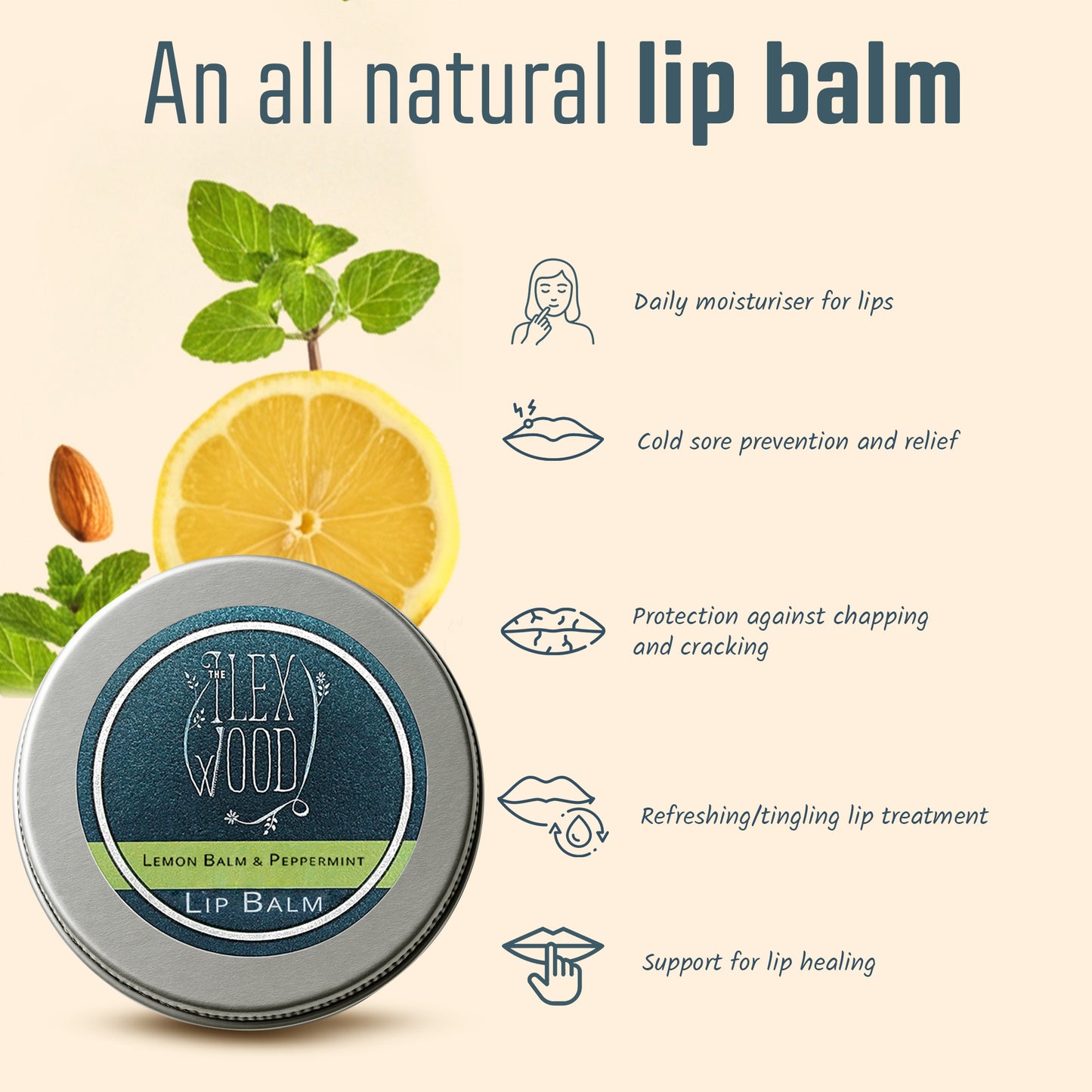 Lip balm tin with lemon, mint, and almond illustration on a beige background