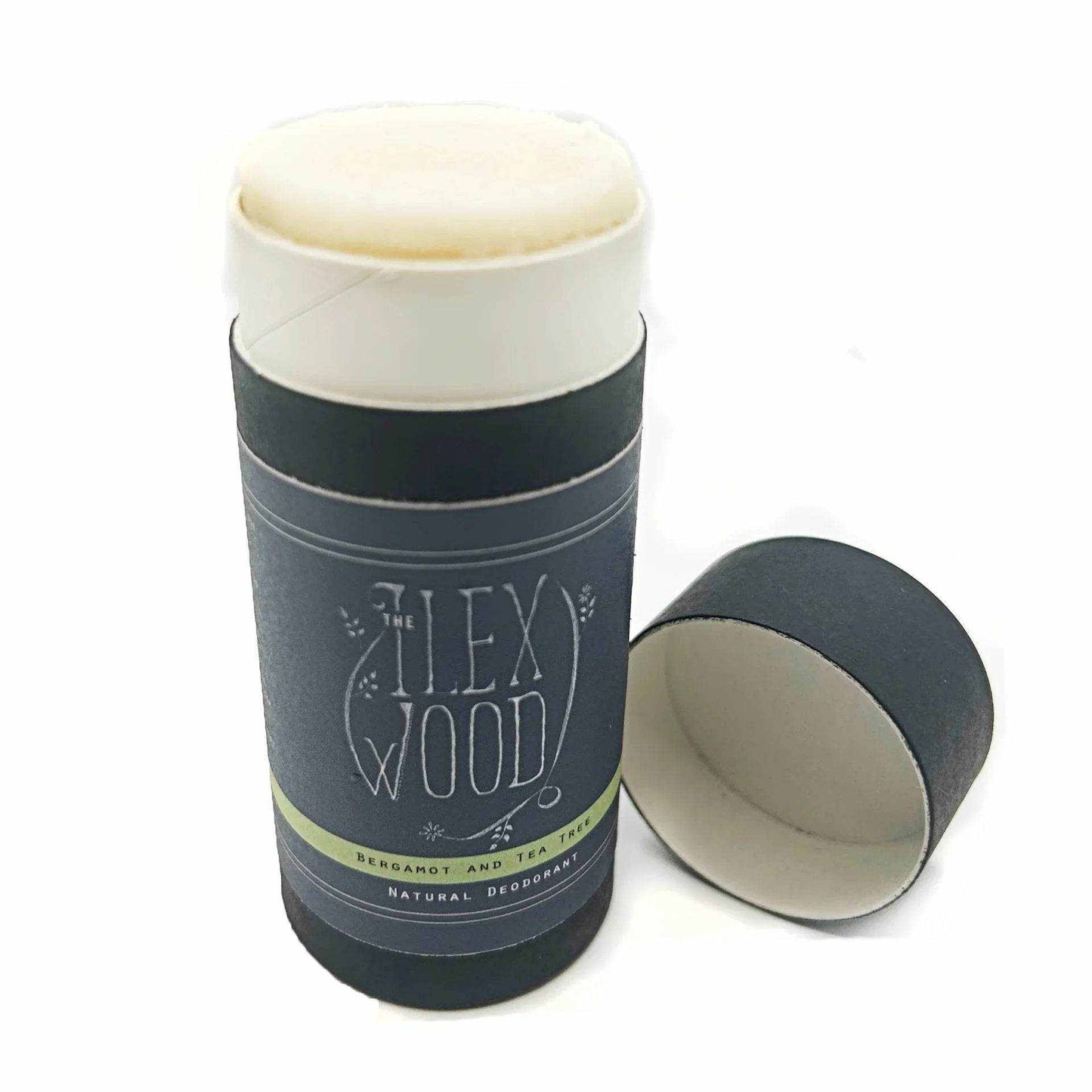 Bergamot and Tea Tree natural deodorant in recyclable cardboard tube, aluminium-free, vegan, and plastic-free.