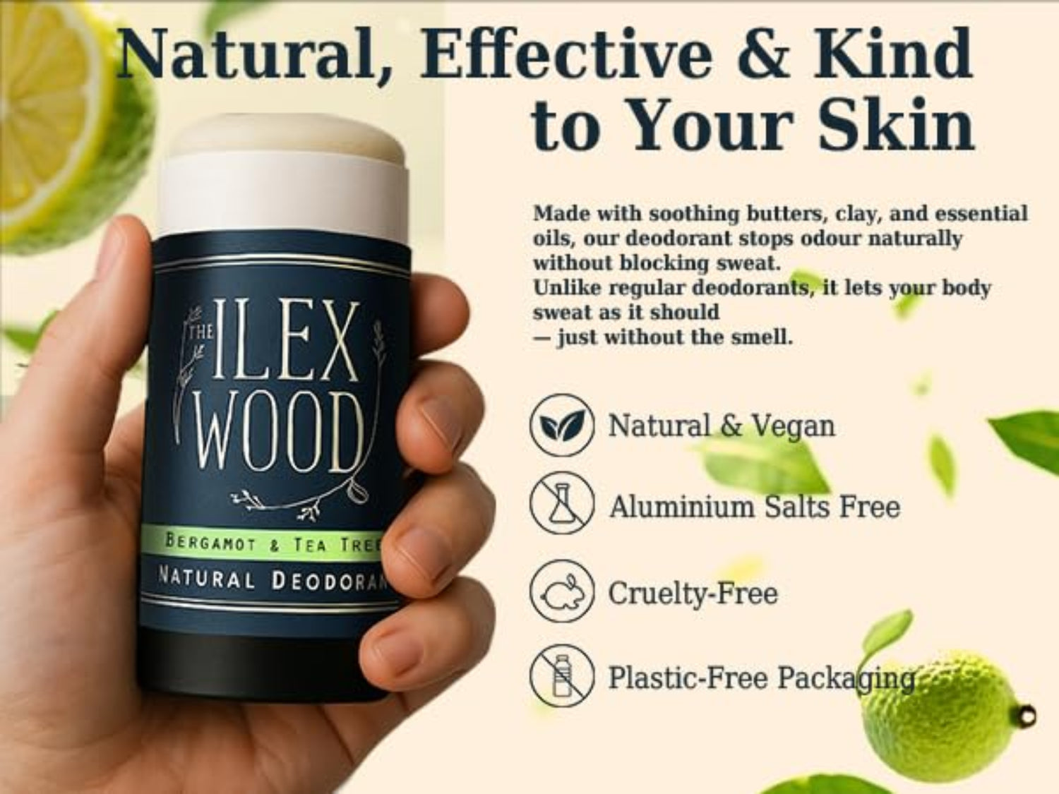 Hand holding a ILEX WOOD deodorant container with product details and benefits on a light background.