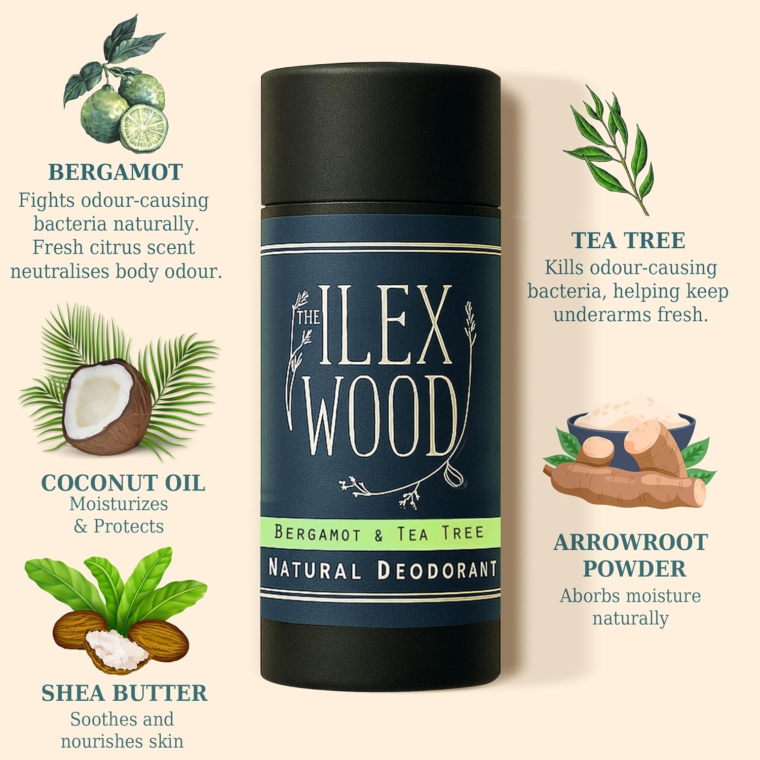 Ilex Wood natural deodorant with ingredients listed on a beige background