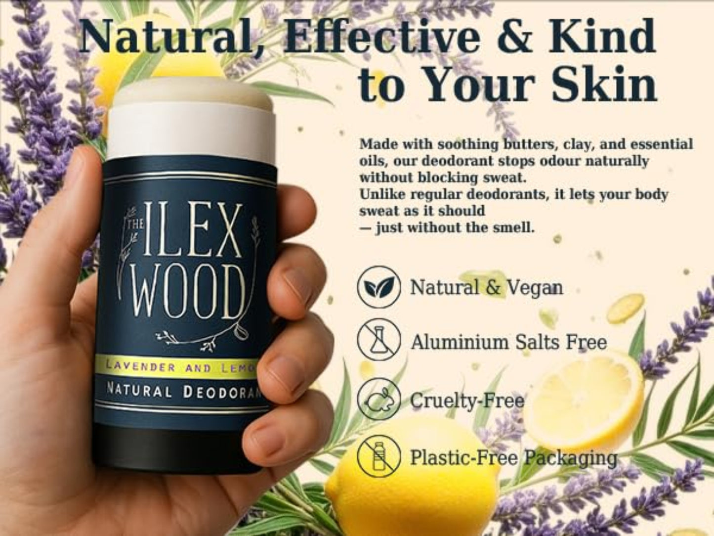 Hand holding a ILEX WOOD natural deodorant container with product details and branding.