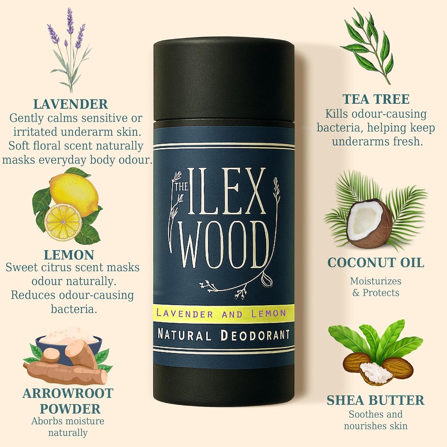Ilex Wood natural deodorant with ingredients listed on a beige background