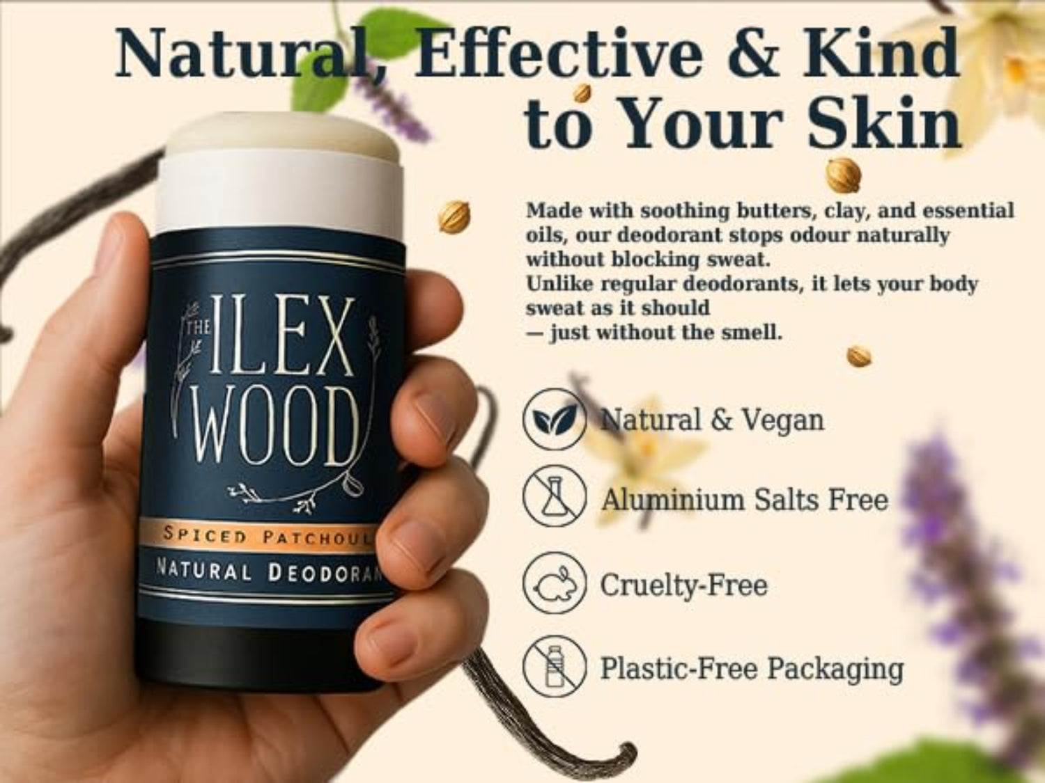 Hand holding a ILEX WOOD deodorant stick with product details on a natural background