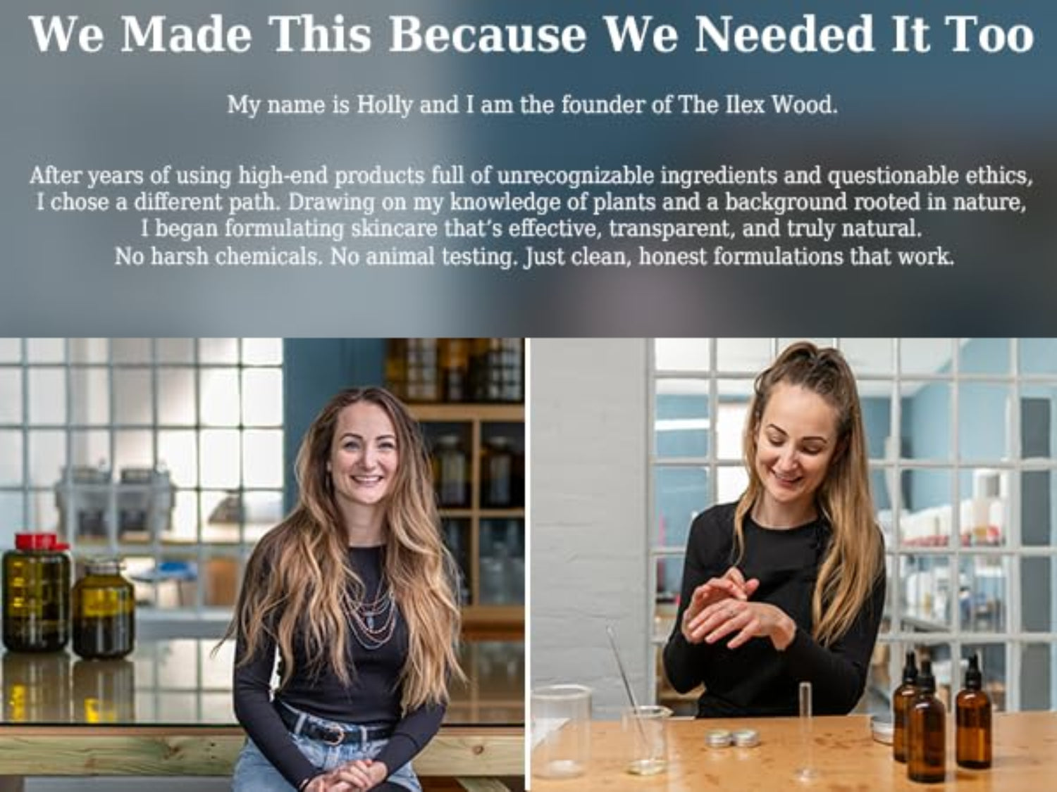 Holly in a skincare product lab with text about her brand's mission.