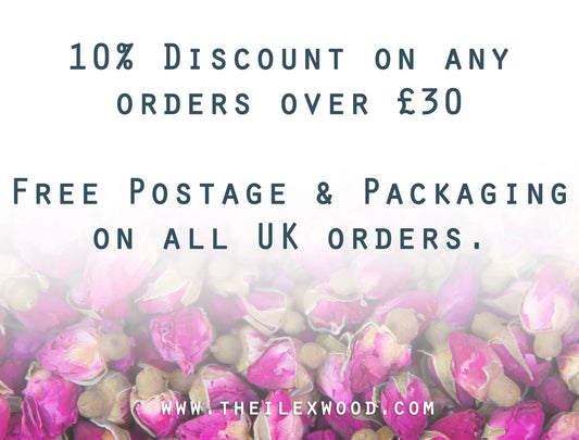 10% Discount on any orders over £30. Free Postage and Packaging on all UK orders. - The Ilex Wood