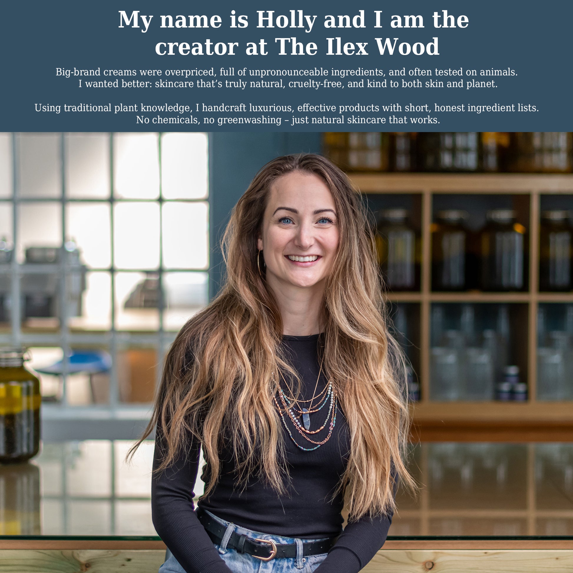 Holly in her making room with shelves of products, introducing herself as the creator of The Ilex Wood.