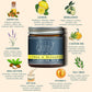Cleansing balm jar with ingredients and benefits on a light background