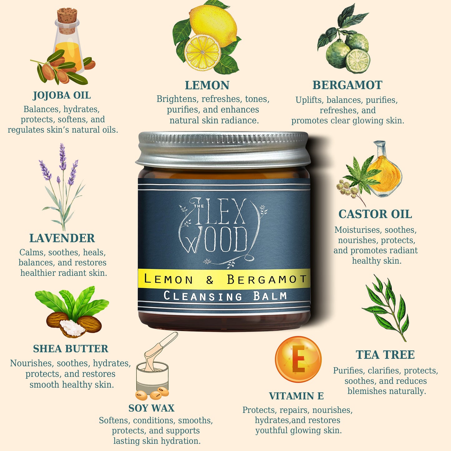 Cleansing balm jar with ingredients and benefits on a light background