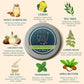 Lip balm tin with ingredients and benefits on a beige background