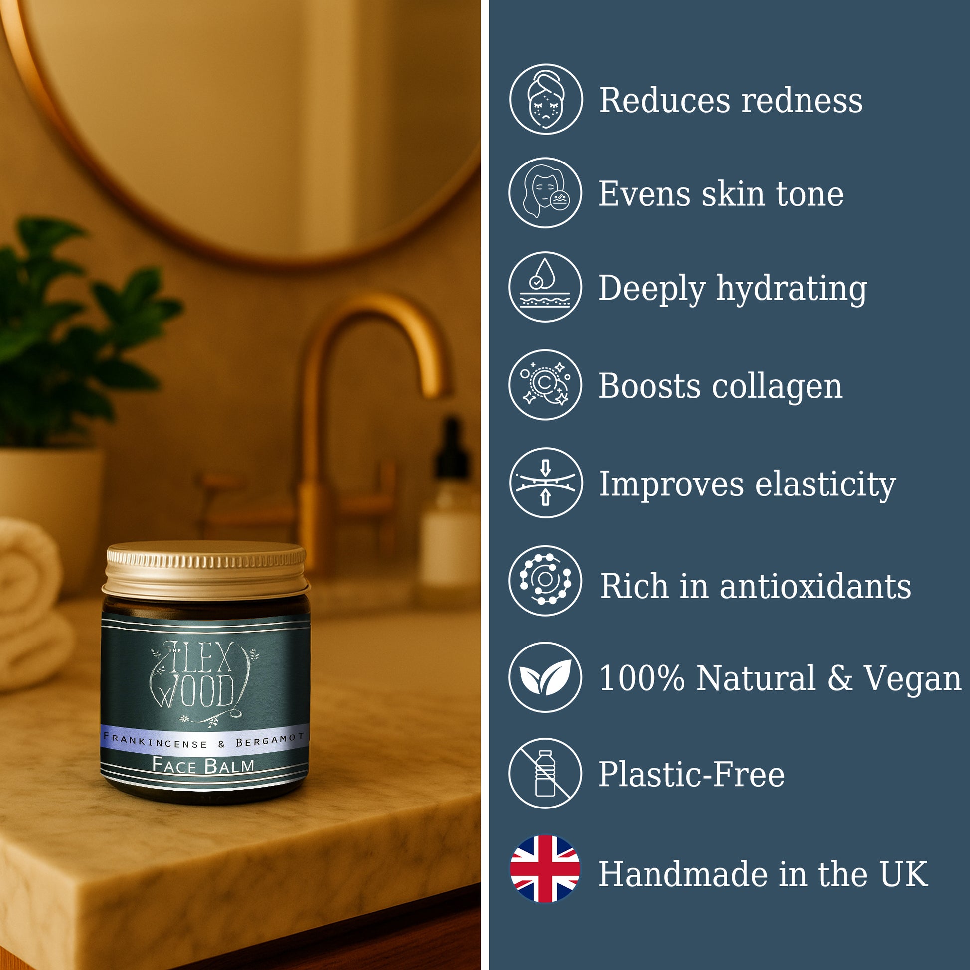 Frankincense and Bergamot Face Balm in a bathroom