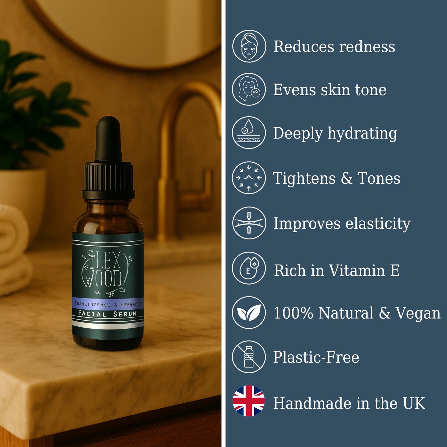 Frankincense and Bergamot Facial Serum in a bathroom