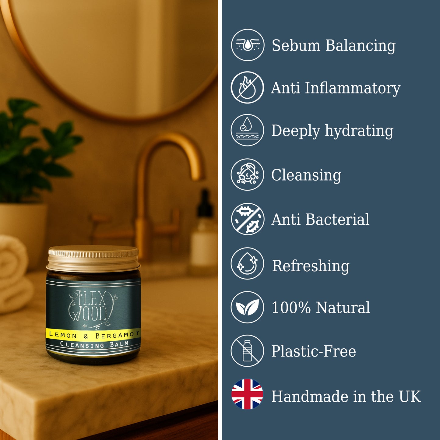 Cleansing balm jar on a bathroom counter with product benefits listed on the right.