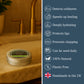 Tin of lip balm on a bathroom counter with product features listed on the right.