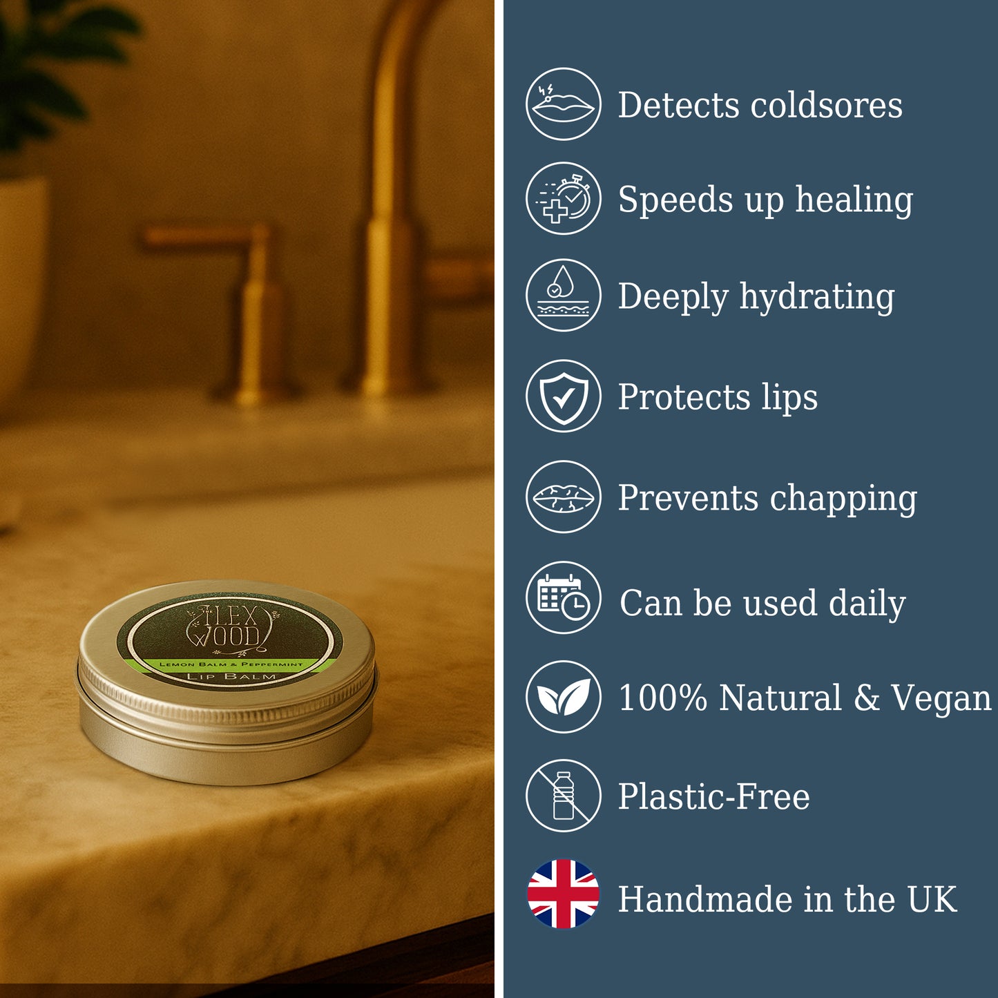 Metal tin with lip balm on a wooden surface, with product features listed on the right.