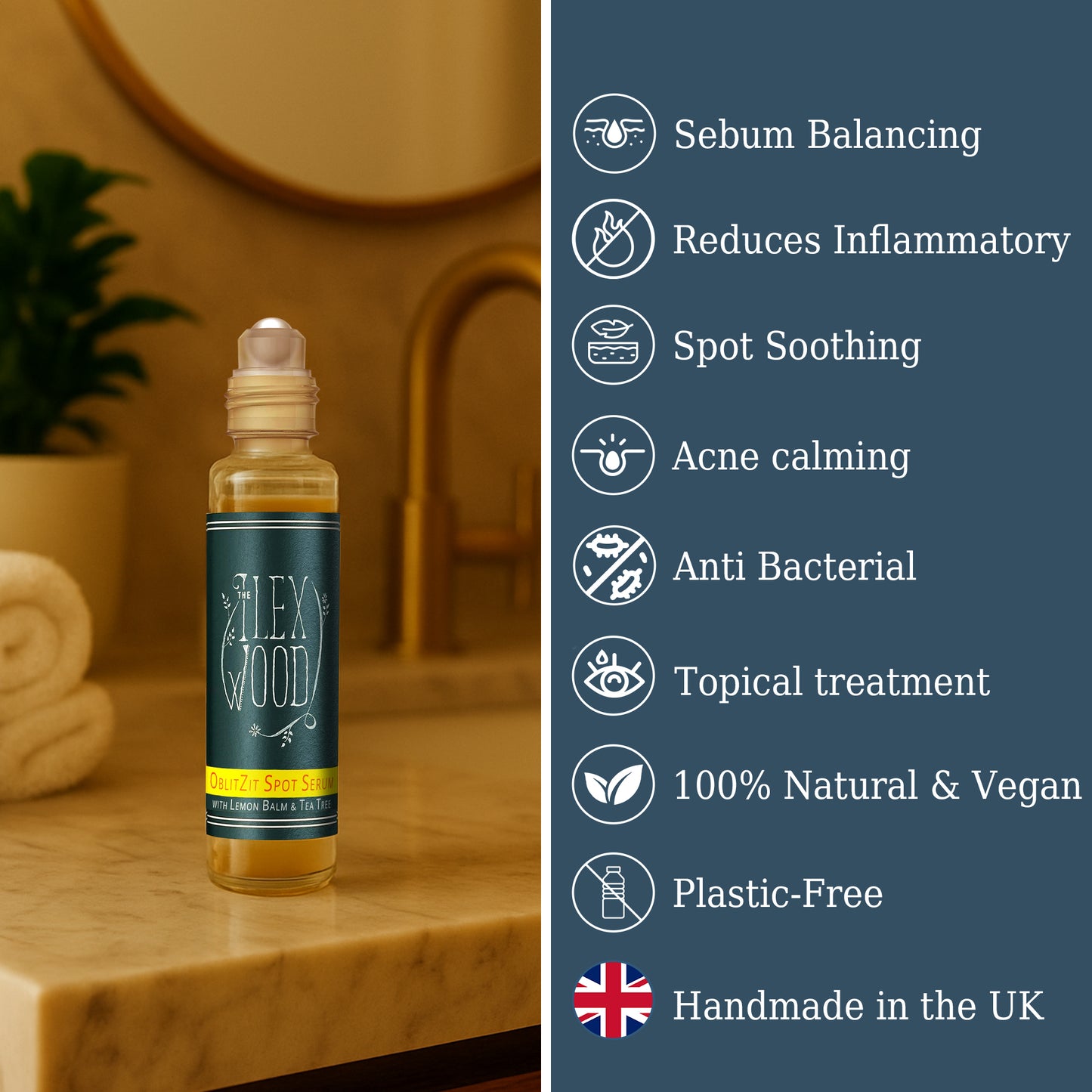 Bottle of The Ilex Wood spot Oblitzit skincare product on a wooden surface with feature list on the right.