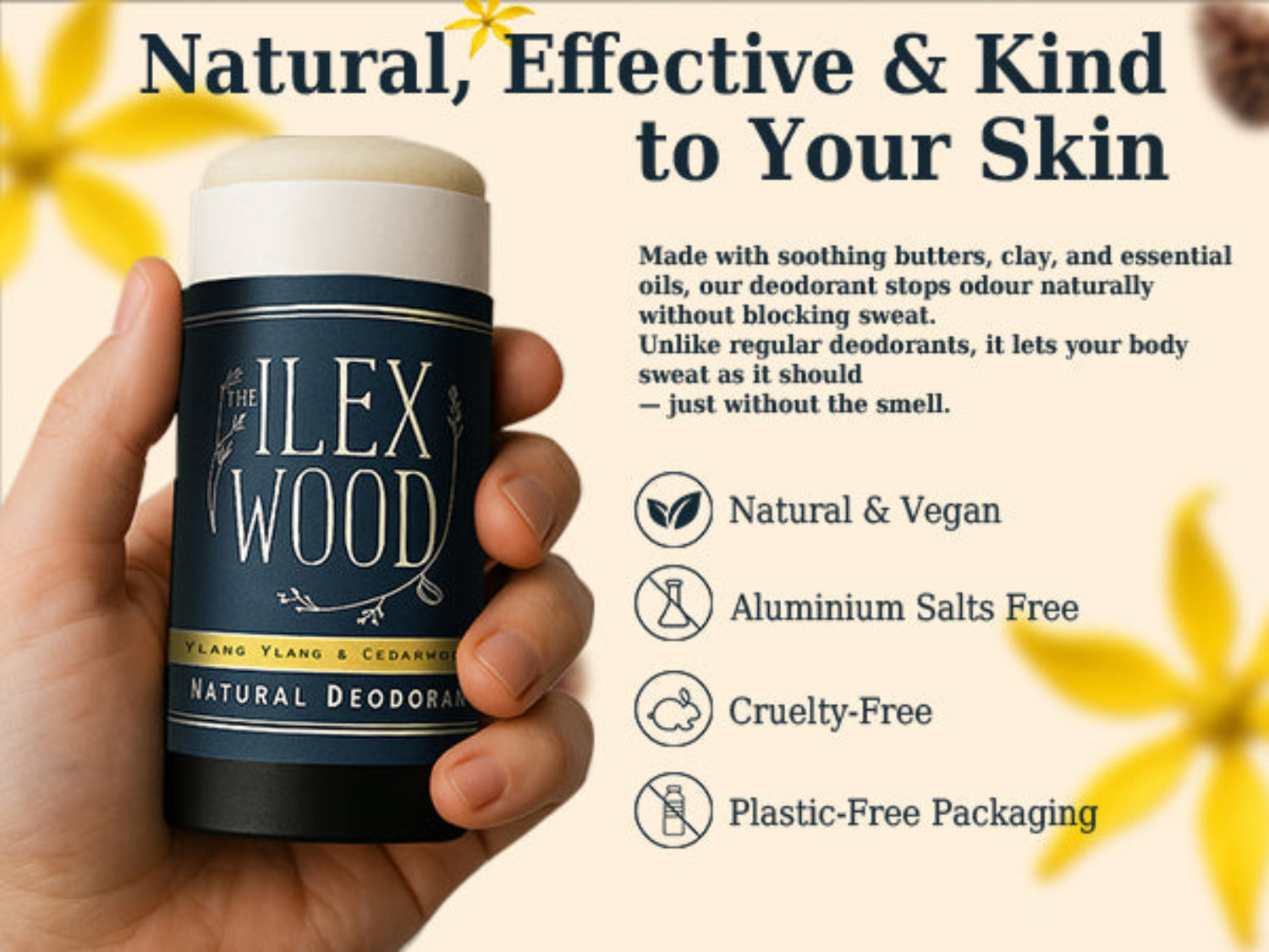 Hand holding a ILEX WOOD natural deodorant container with product details on a white background.