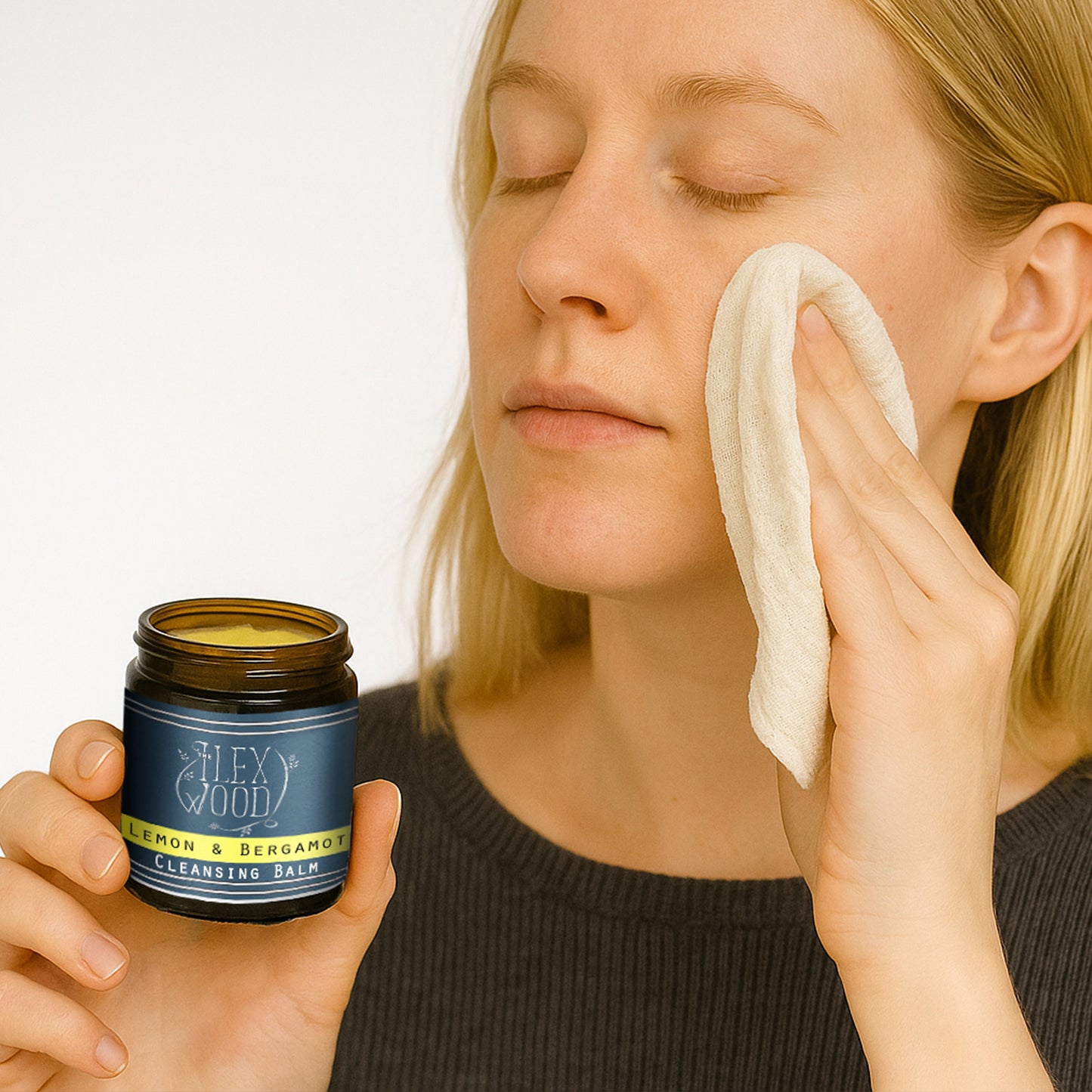 Lemong and Bergamot Cleansing Balm being used with face flannel