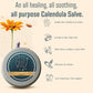 Calendula salve tin with benefits listed on a beige background