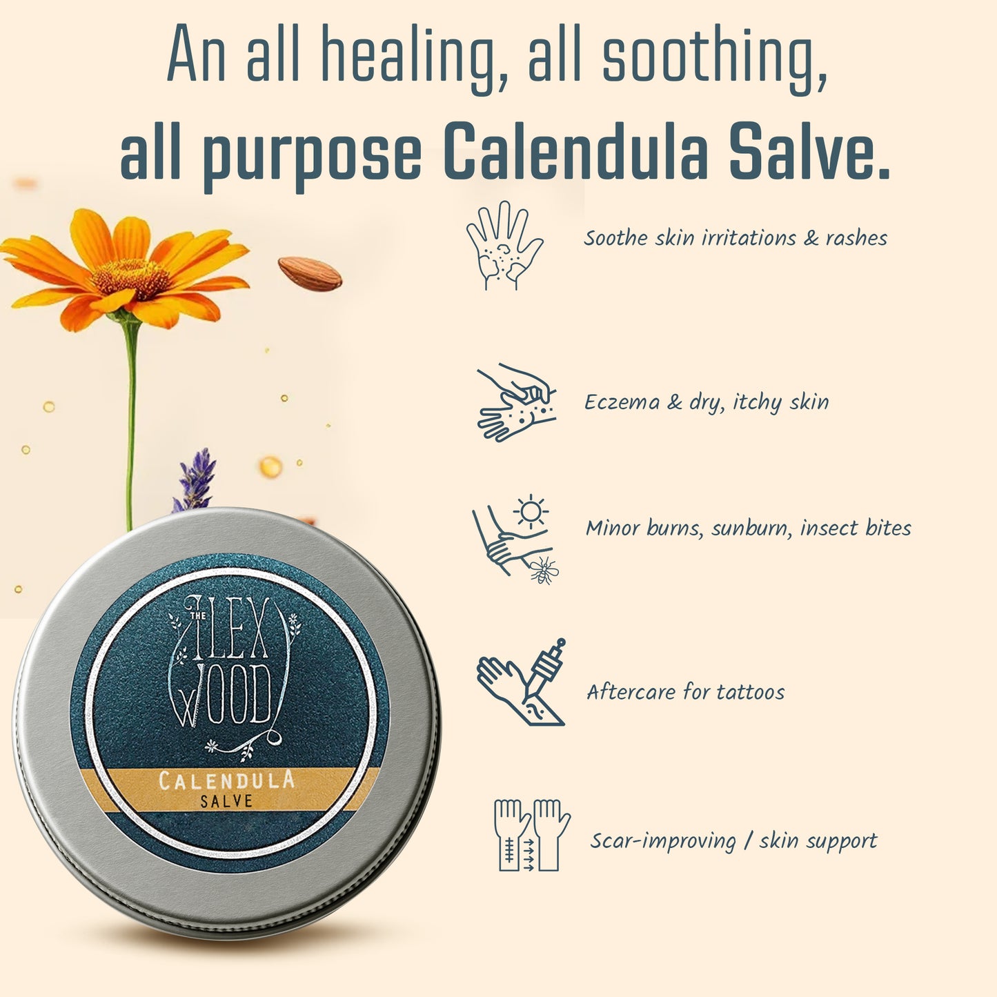 Calendula salve tin with benefits listed on a beige background