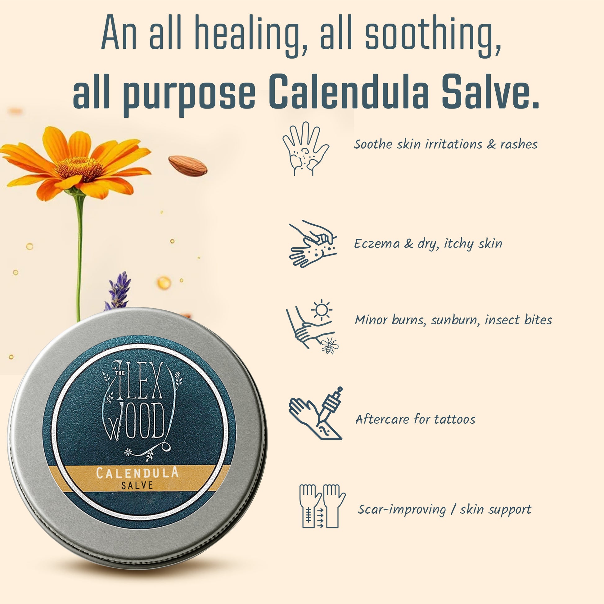 Calendula salve tin with benefits listed on a beige background