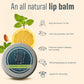 Lip balm tin with lemon, mint, and almond illustration on a beige background