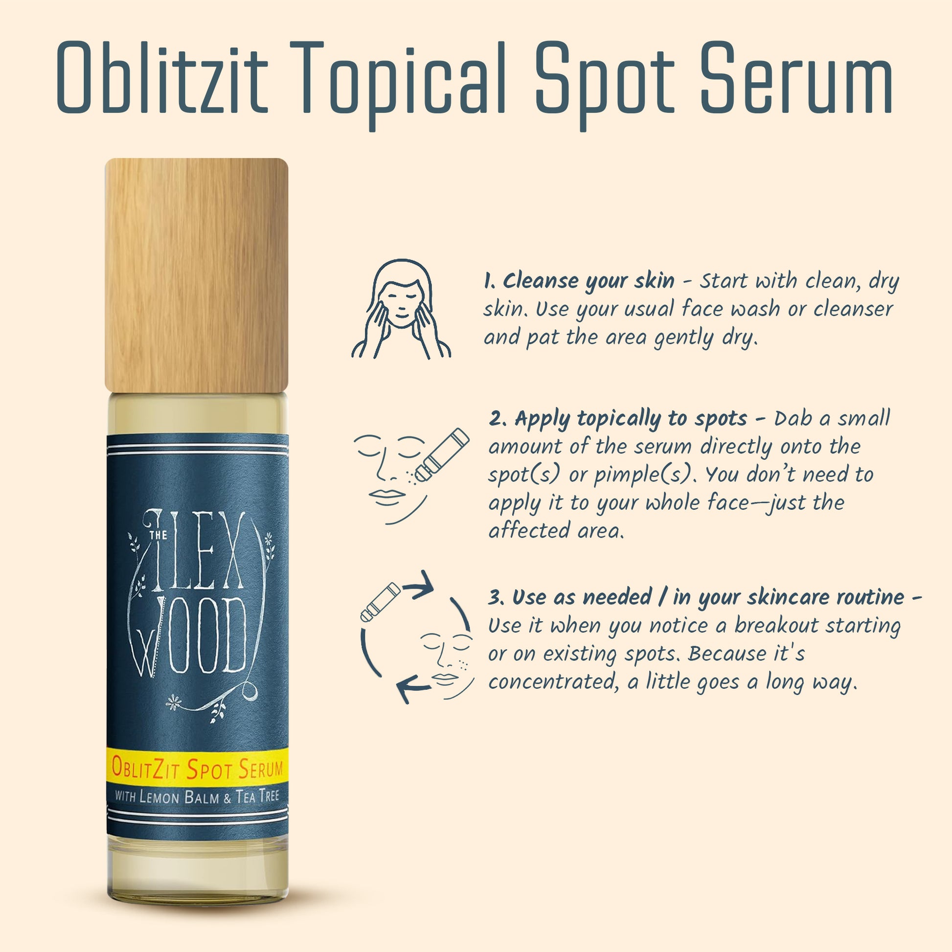 Oblitzit Topical Spot Serum with usage instructions on a beige background
