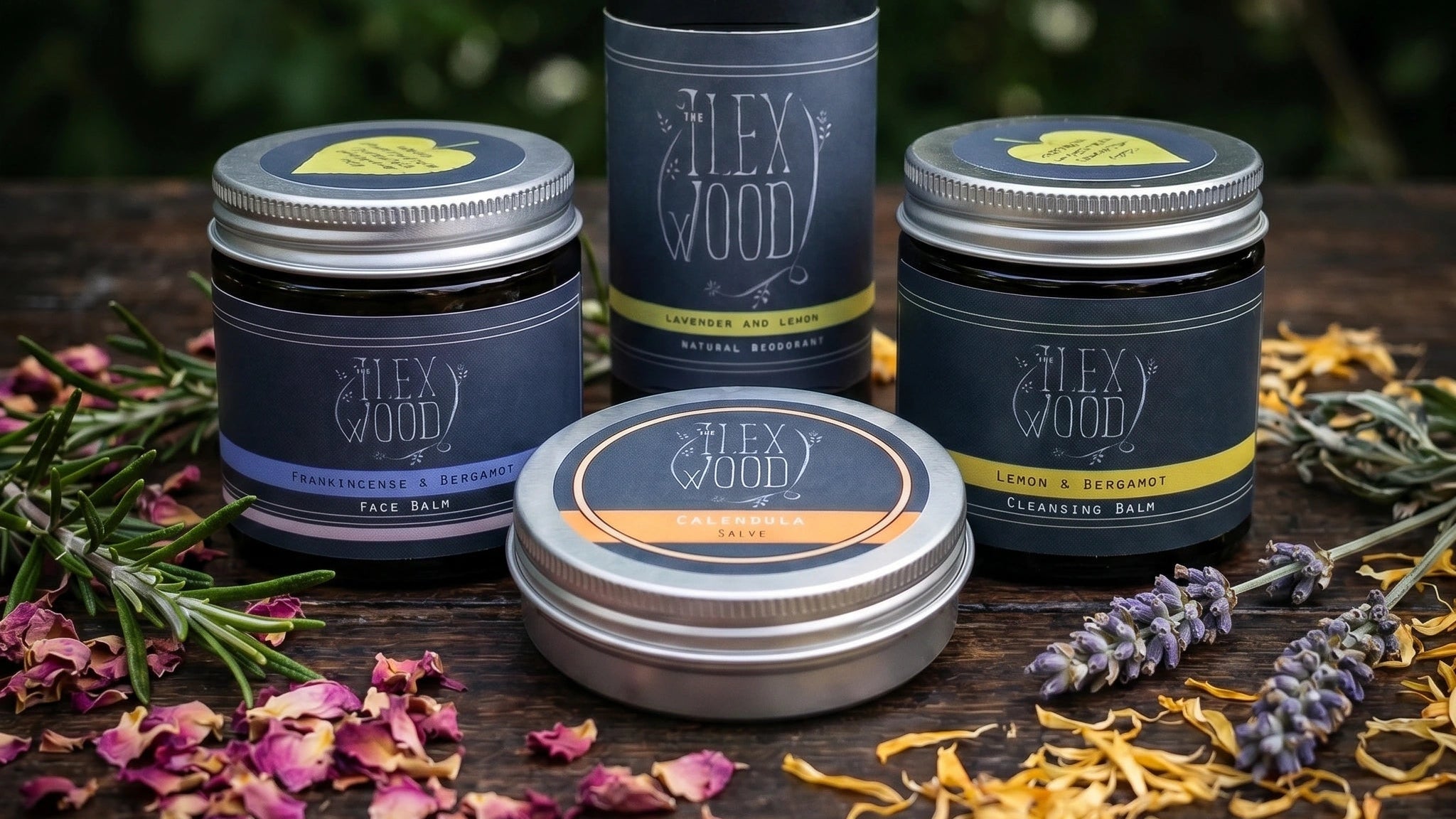 The Ilex Wood range of natural deodorant, frankincense and bergamot face balm and facial serum along with the calendula salve.
