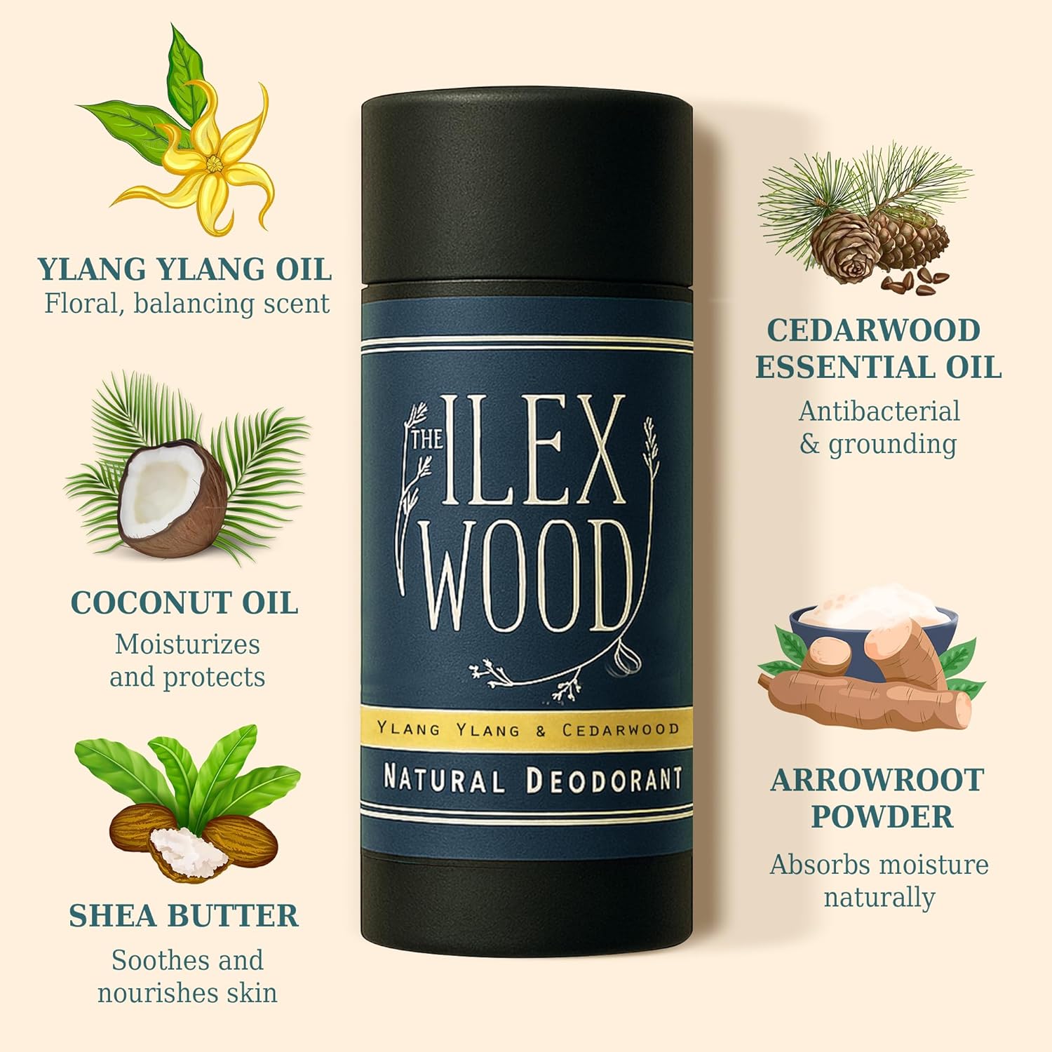 Ilex Wood natural deodorant with ingredients listed on a beige background